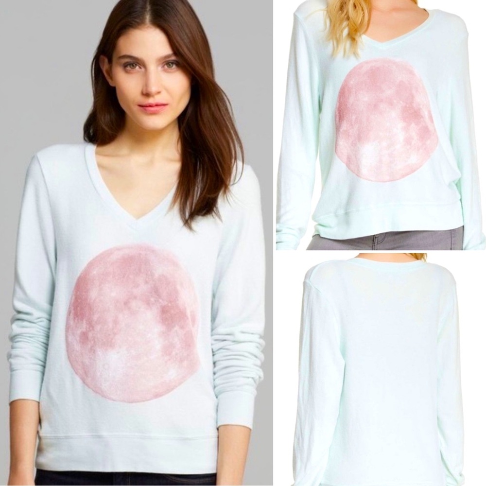 Wildfox Pink Moon Full Moon V-Neck Baggy Beach Jumper in Pale Blue Size Small